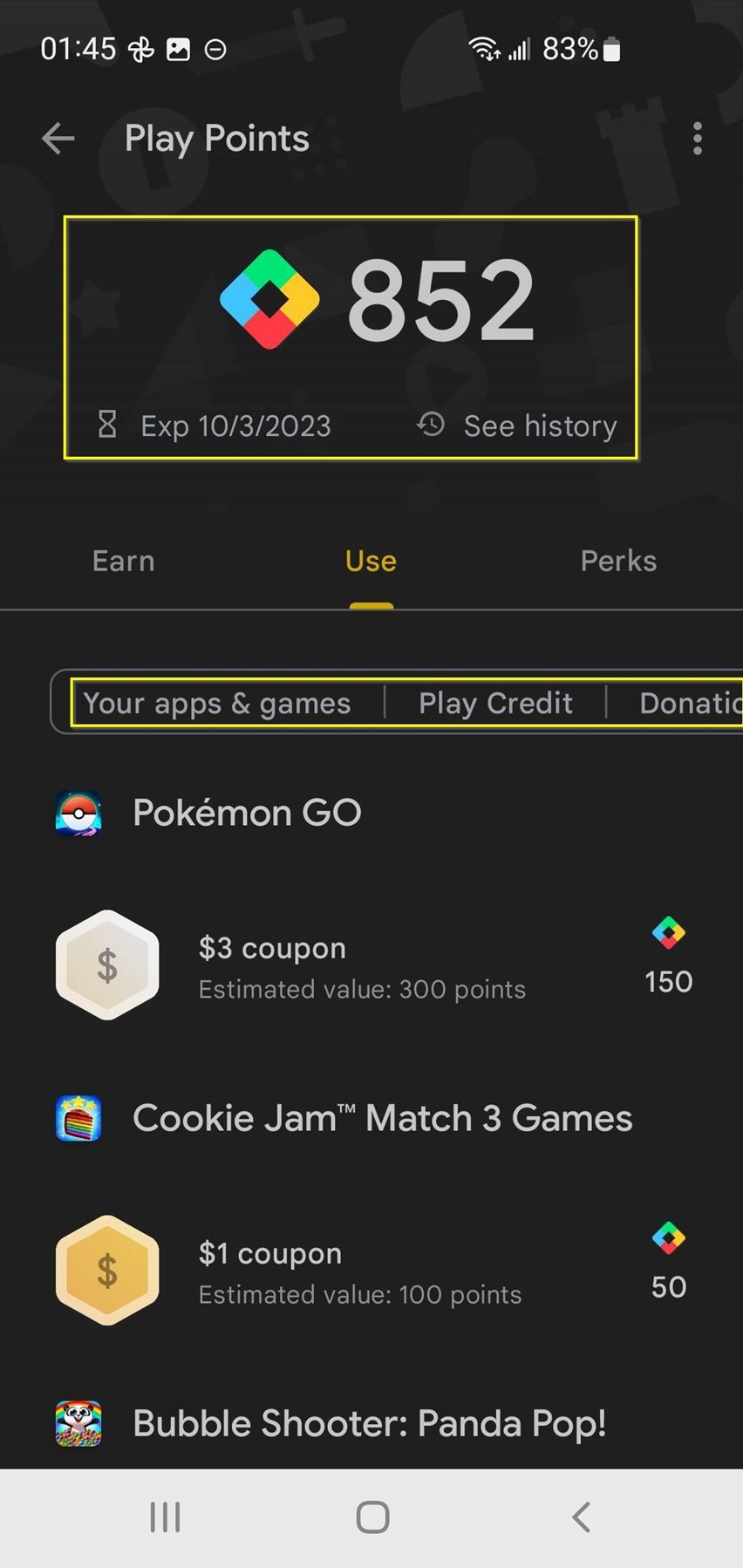 screenshot of play points and rewards in google play store
