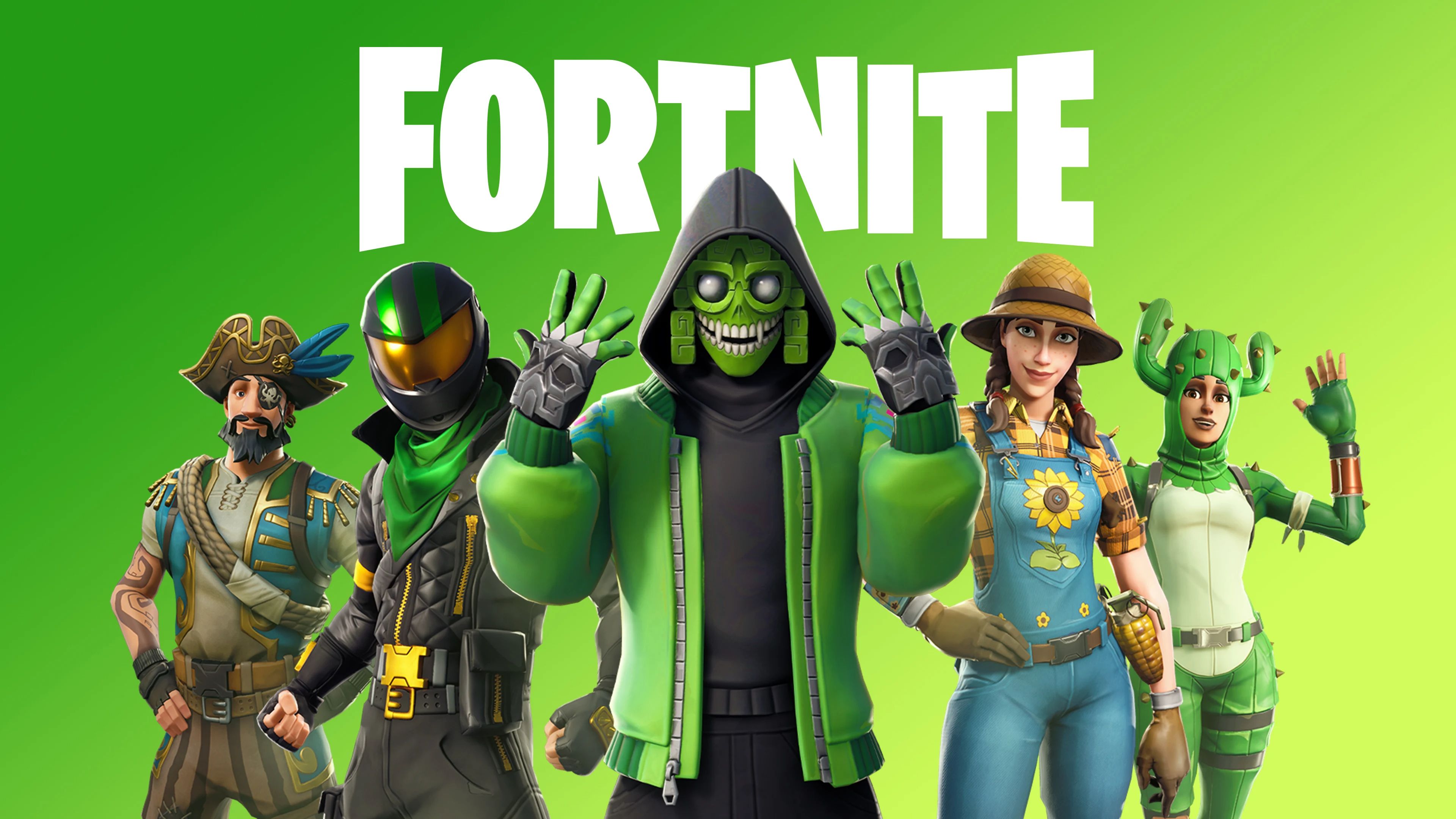 A screen with five Fortnite characters and the Fortnite logo with a green theme and background
