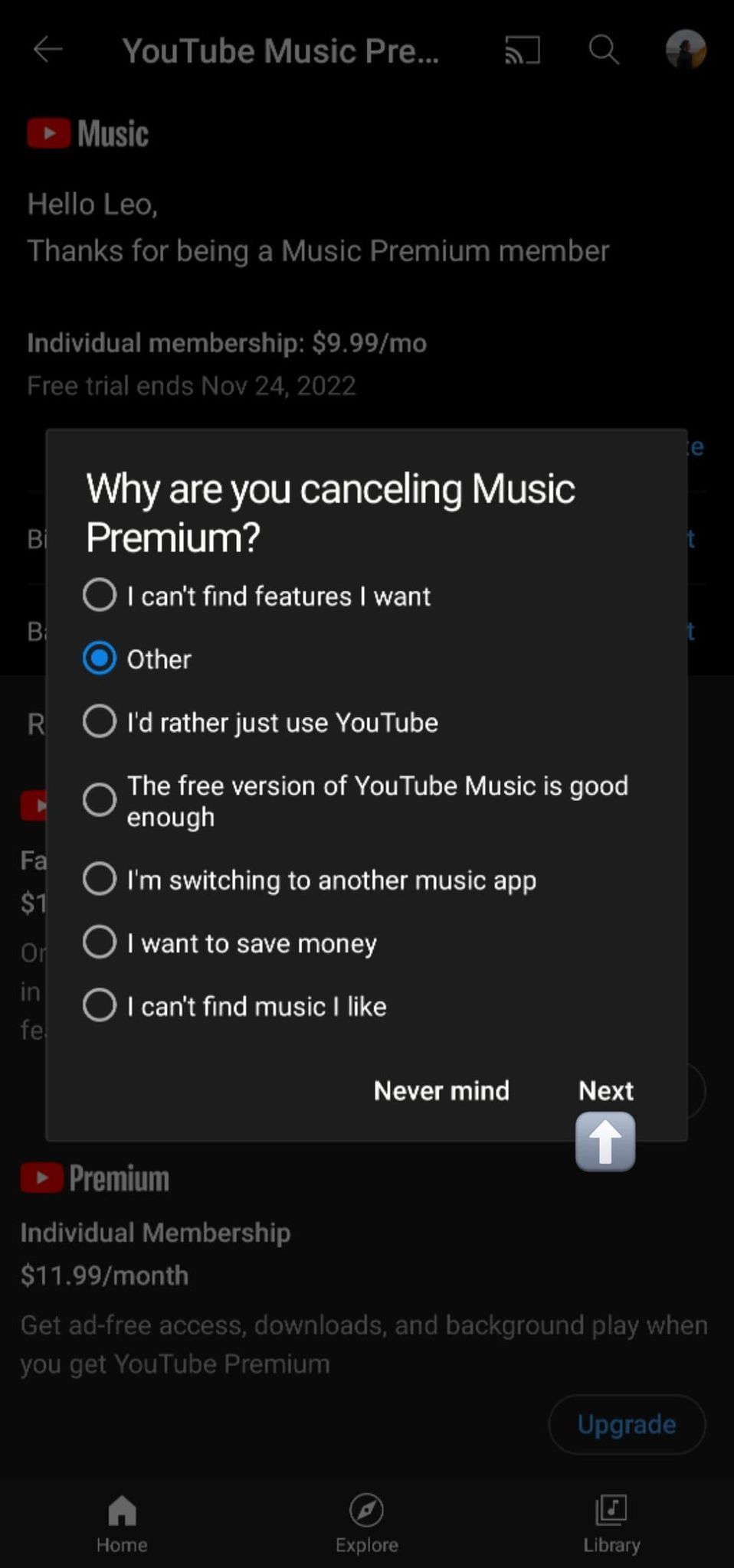 Cuplikan layar menampilkan pop-up yang menanyakan 'Mengapa Anda membatalkan Music Premium' dengan daftar opsi yang dapat dipilih.  Opsi untuk 'Lainnya' dipilih dan panah mengarah ke 'Selanjutnya' di sudut kanan bawah pop-up.