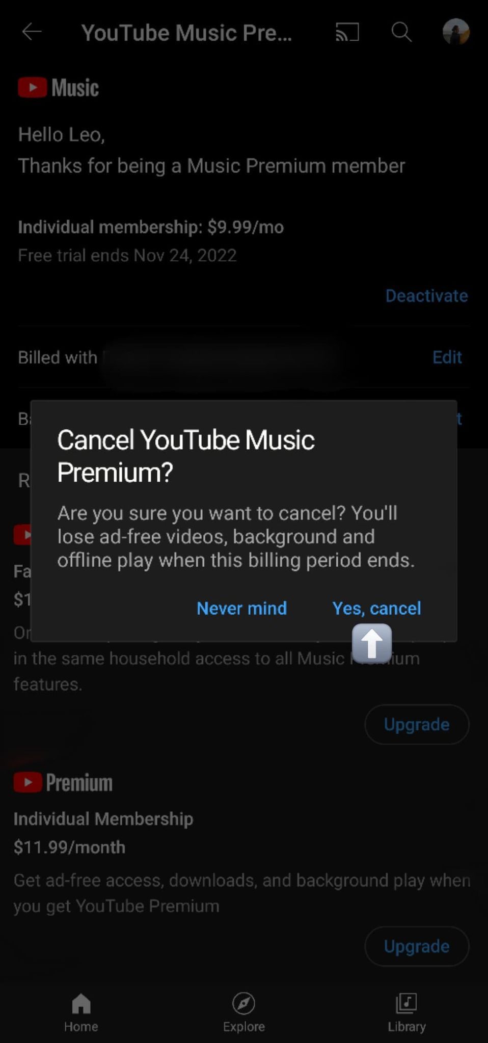 Tangkapan layar menampilkan pop-up pembatalan terakhir yang menanyakan 'Batalkan YouTube Music Premium?'.  Panah menunjuk ke Ya, batalkan di kanan bawah pop-up.