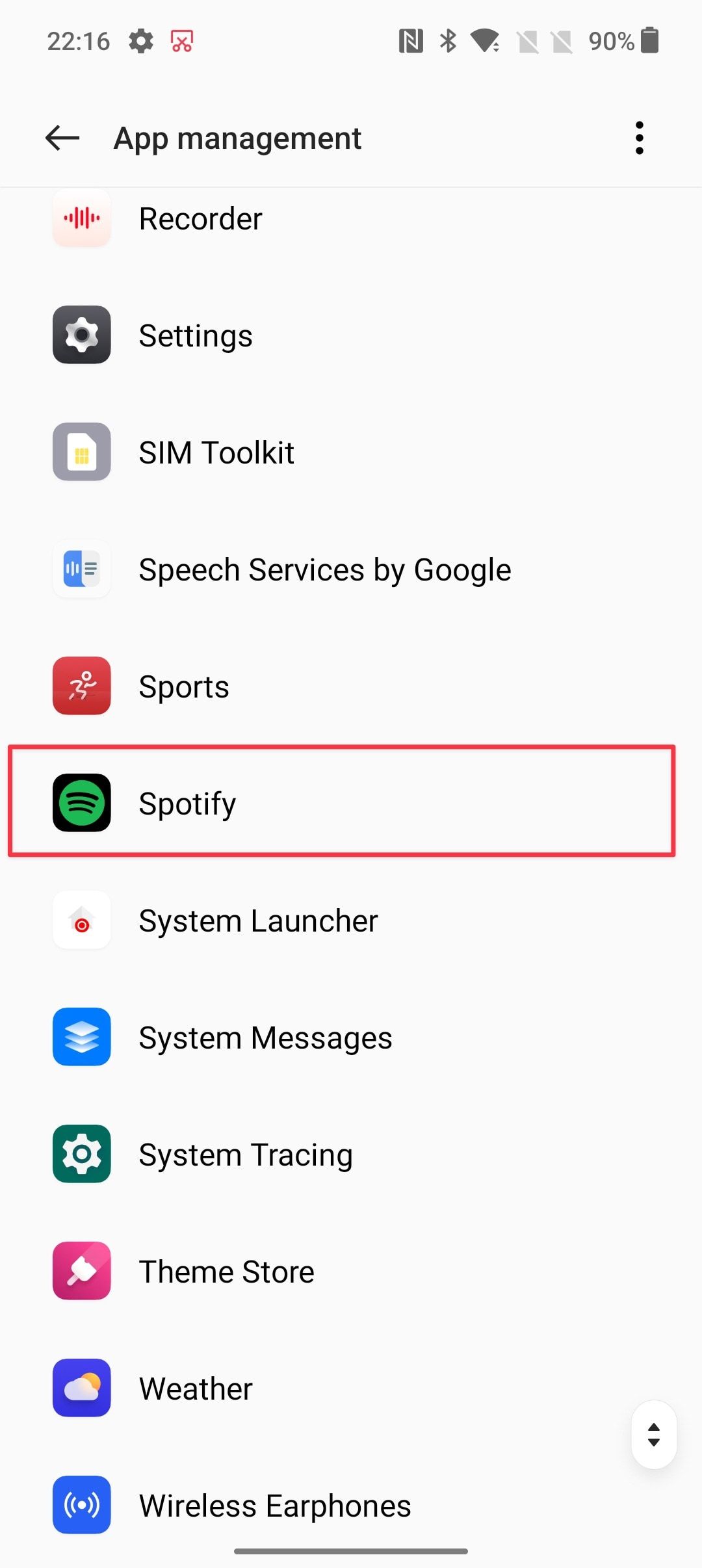 Android app management page showing Spotify