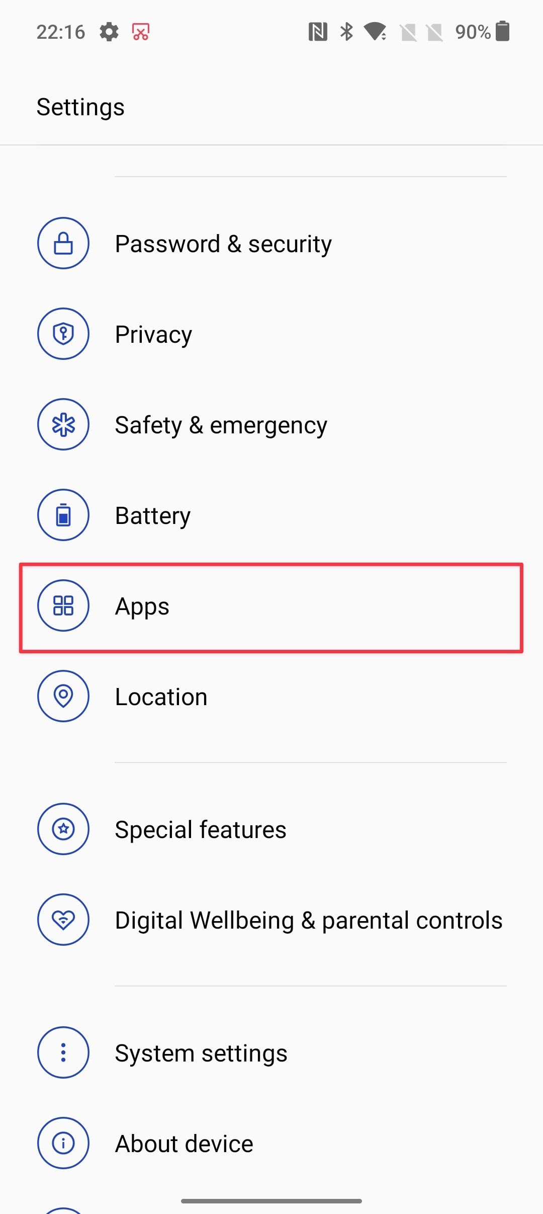 Android setting showing apps option