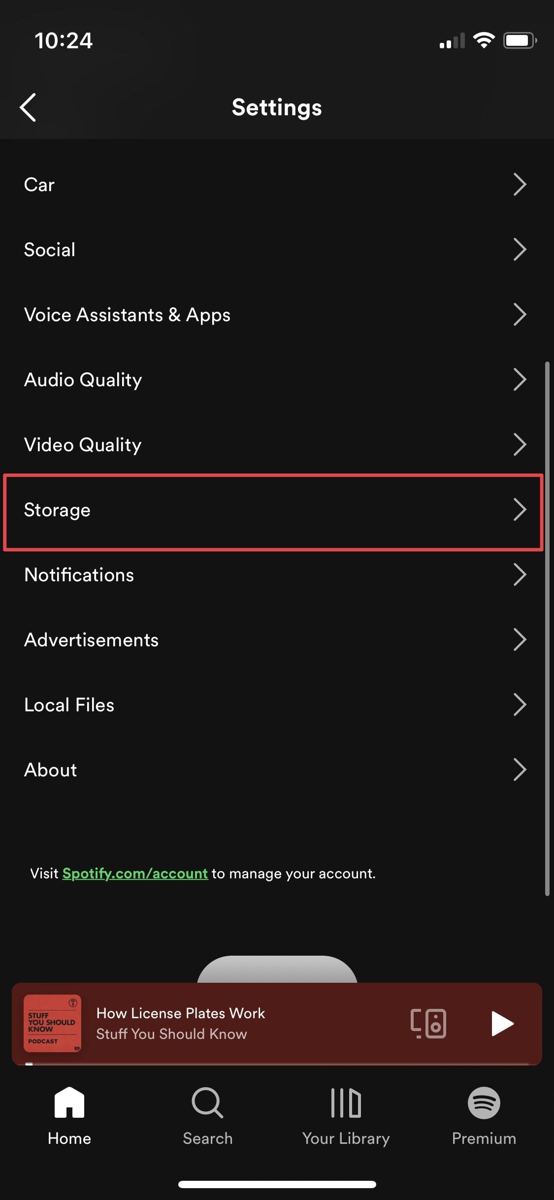 Spotify iPhone app settings page showing storage option