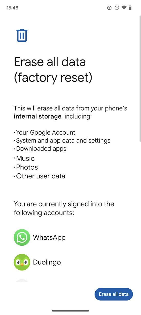 Check the accounts you are signed into on your Pixel before erasing all data.