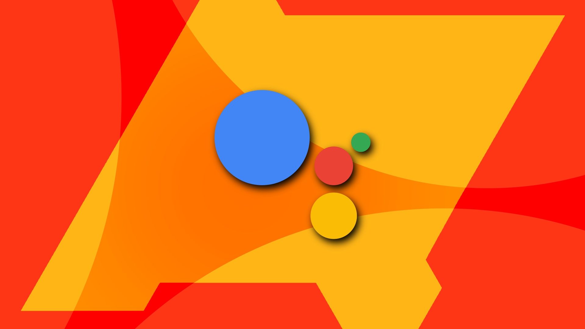 The Google Assistant logo on top of a red, orange, and yellow background