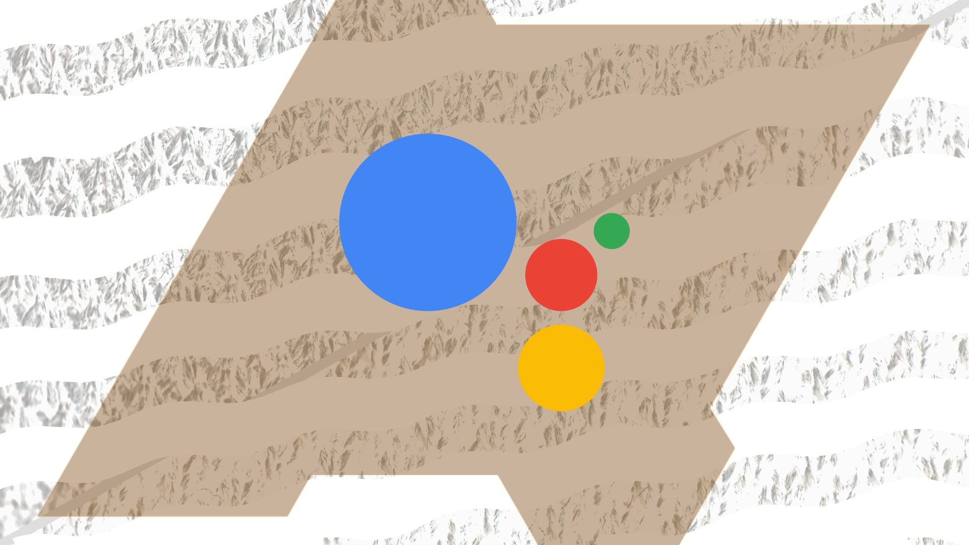 The Google Assistant logo on top of a brown Android Police logo on top of a white and black and white marbled striped wavy background