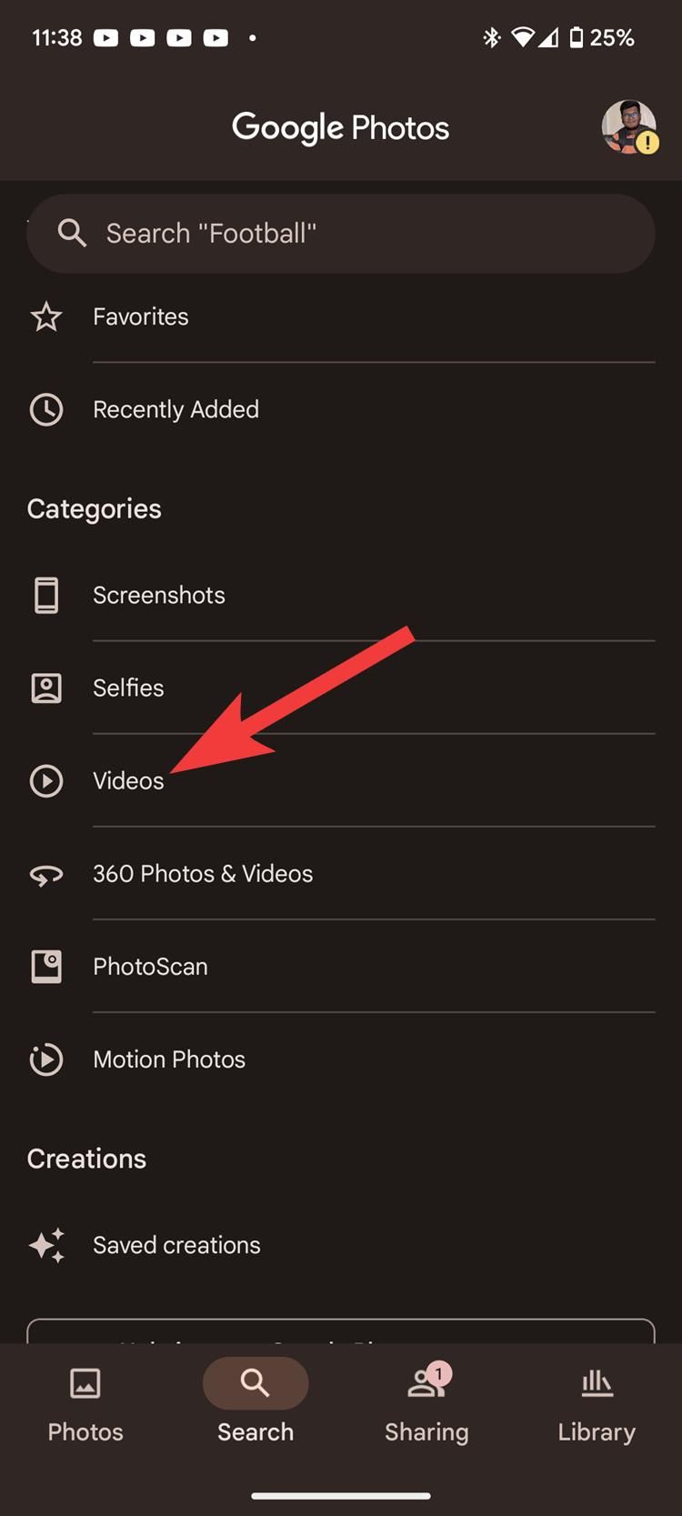 Screenshot of the Google Photos app with the Videos option highlighted. 