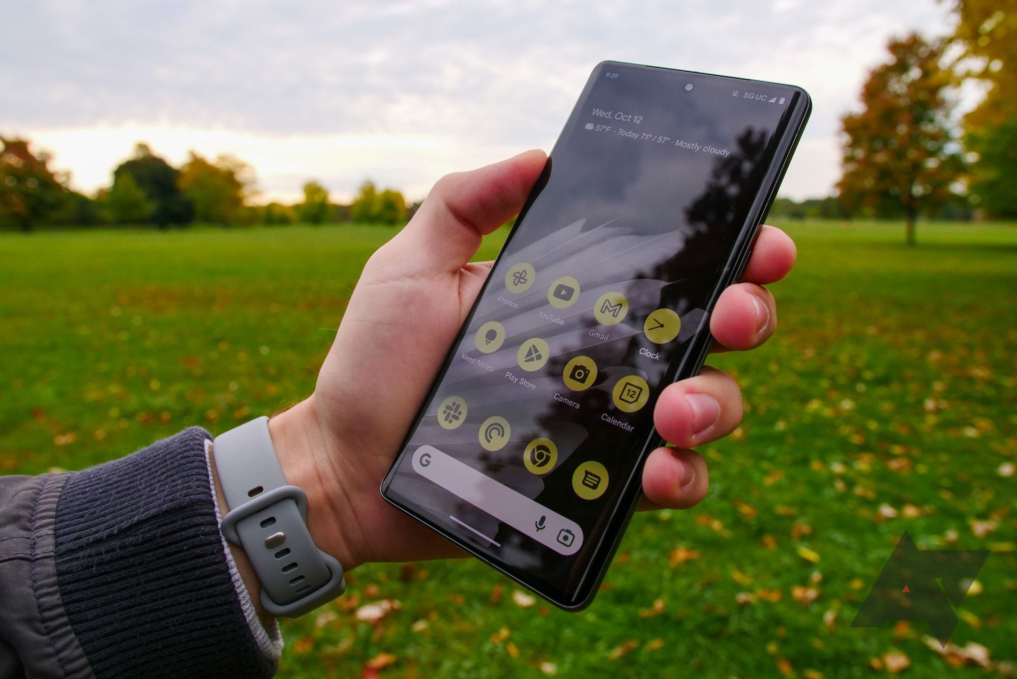 A hand holding a Google Pixel 7 pro with grass and trees in the background