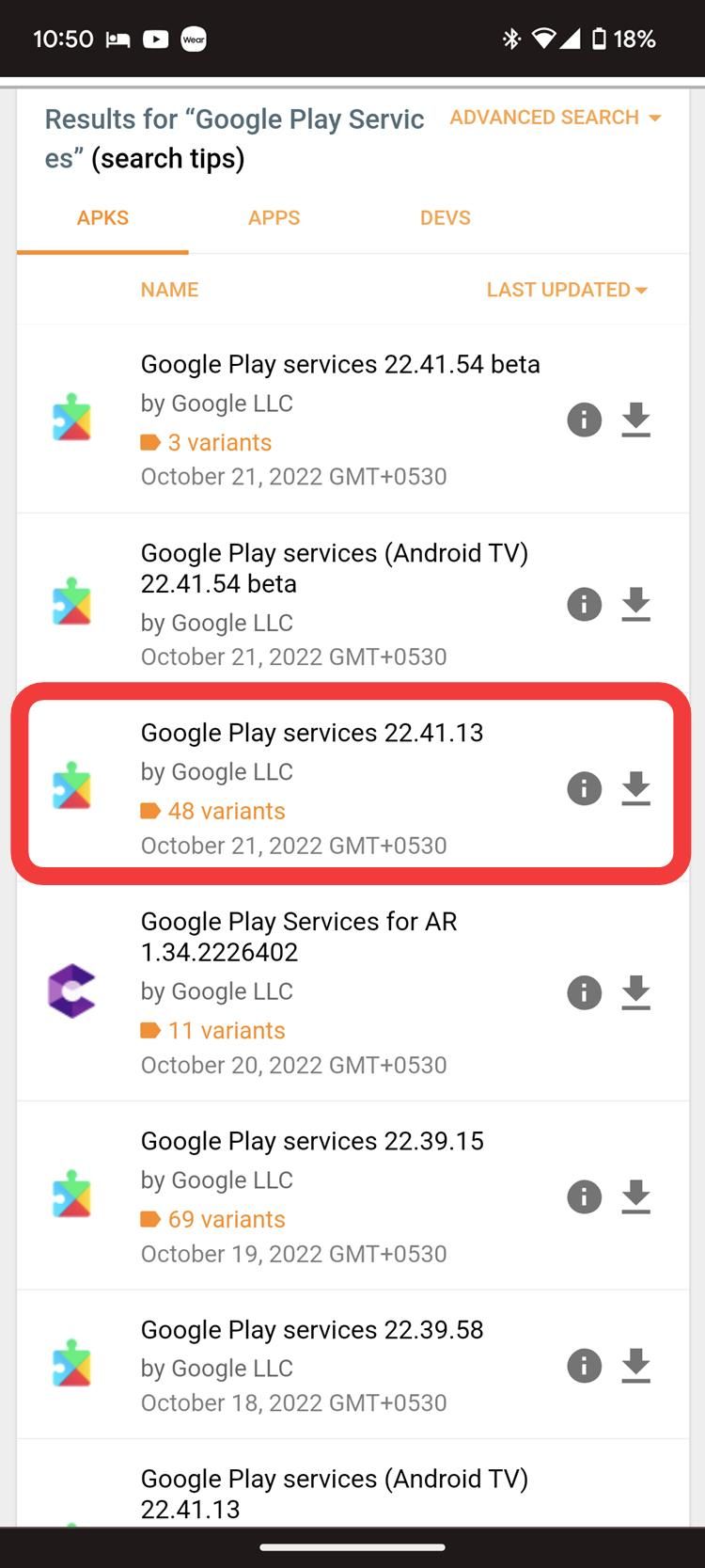 Selecting the latest version of the Google Play Store on APKMirror