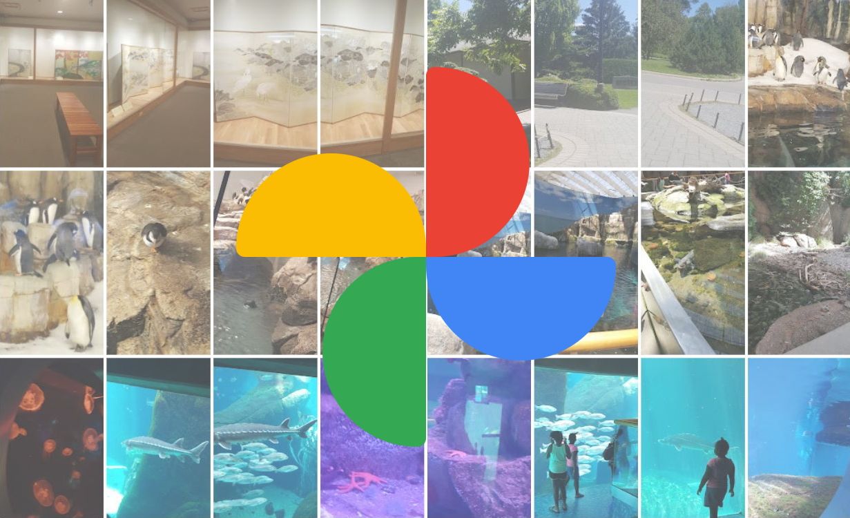 Logotipo de Google Fotos superpuesto en una cuadrícula de imágenes