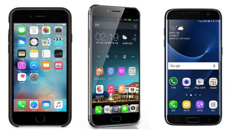 tiga ponsel cerdas menampilkan aplikasi layar beranda