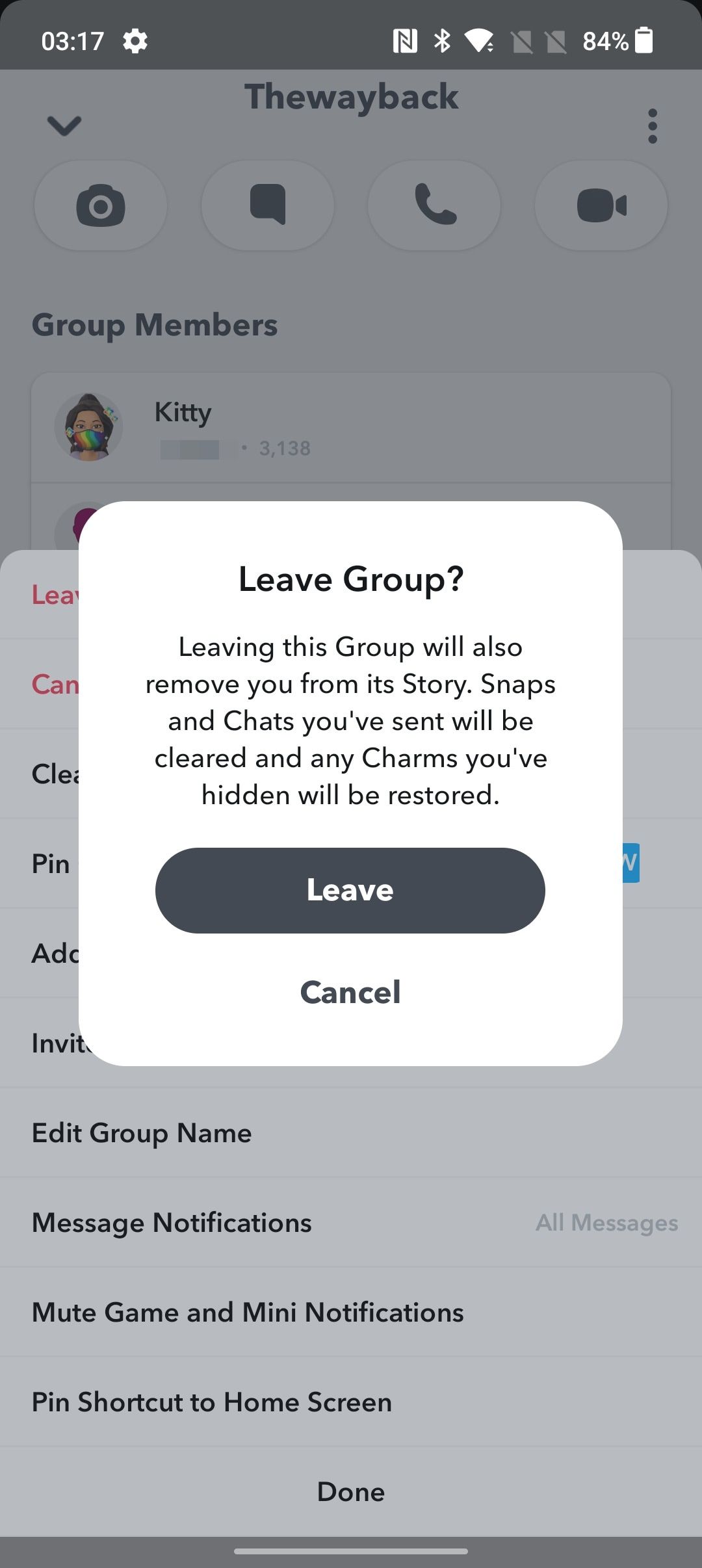 sair da caixa de diálogo de confirmação do grupo do Snapchat