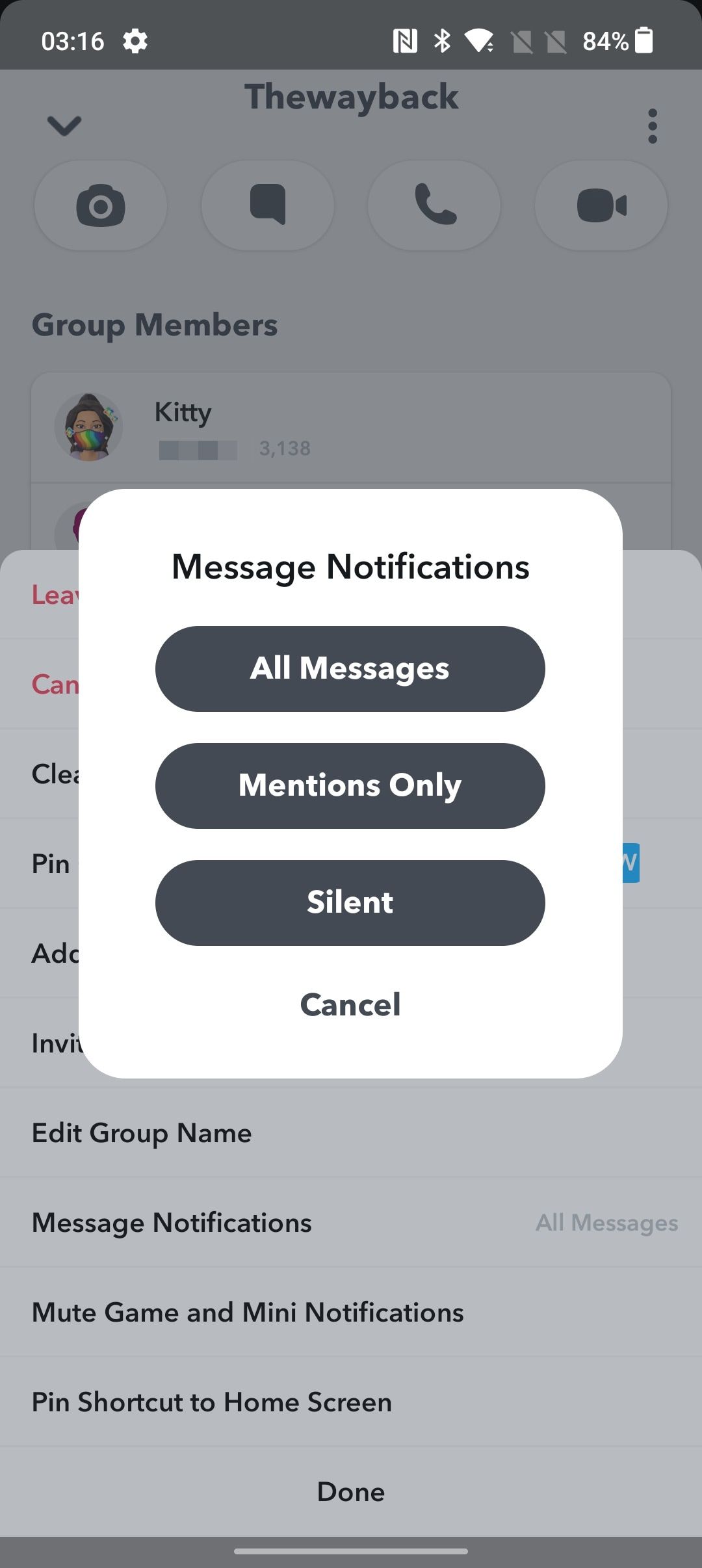Escolhendo o estilo de notificação de mensagem no chat em grupo no Snapchat