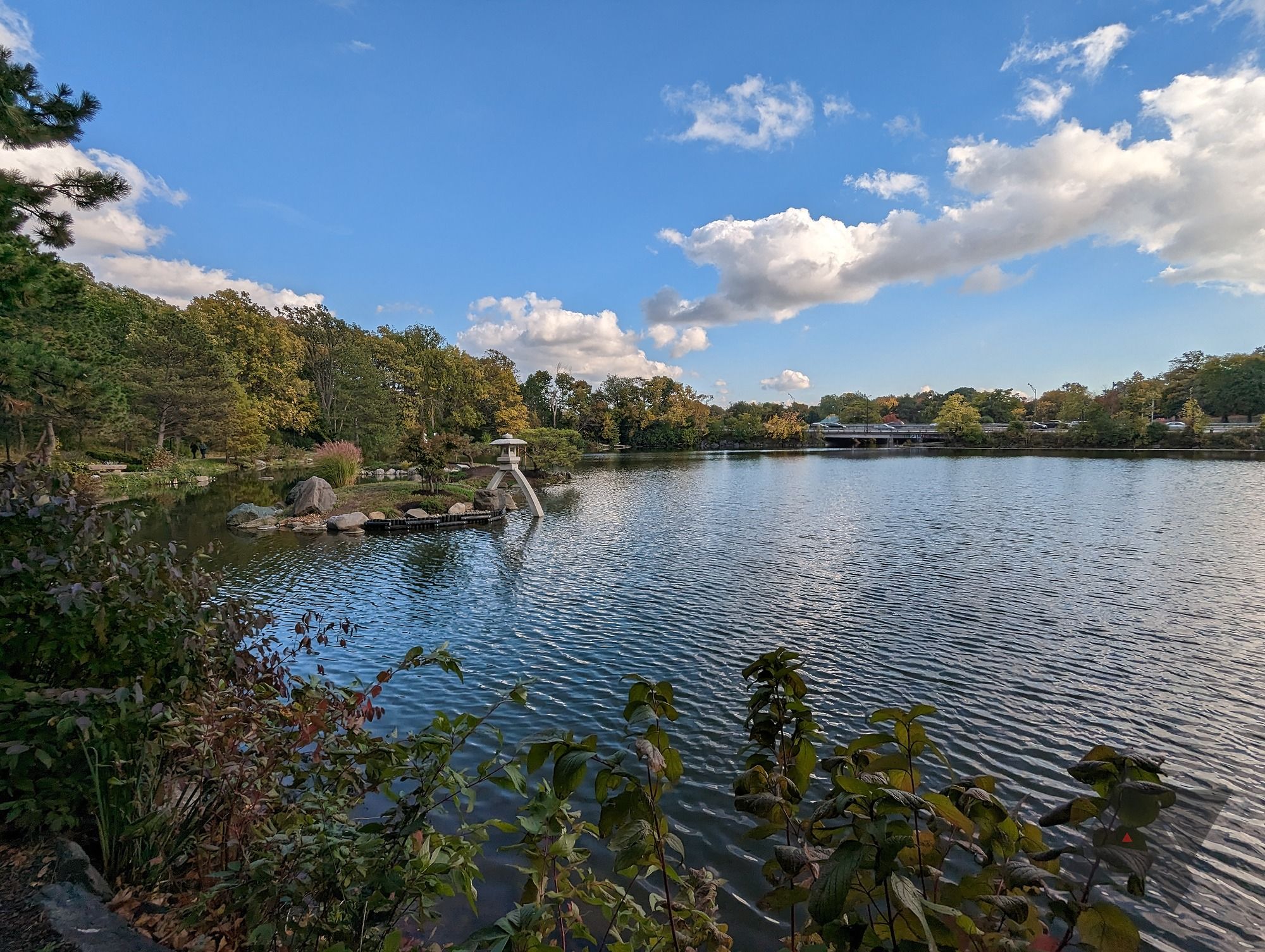 A wide-angle photo of a lake surrounded by trees taken on a Pixel 7.