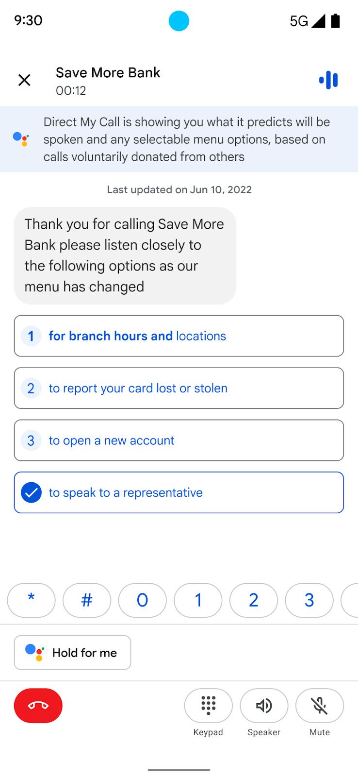 The Direct My Call feature in action while calling Save More Bank