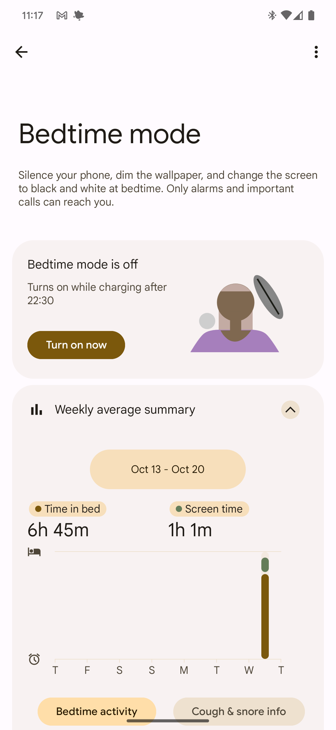The bedtime mode section of the Digital Wellbeing settings on a Google Pixel phone