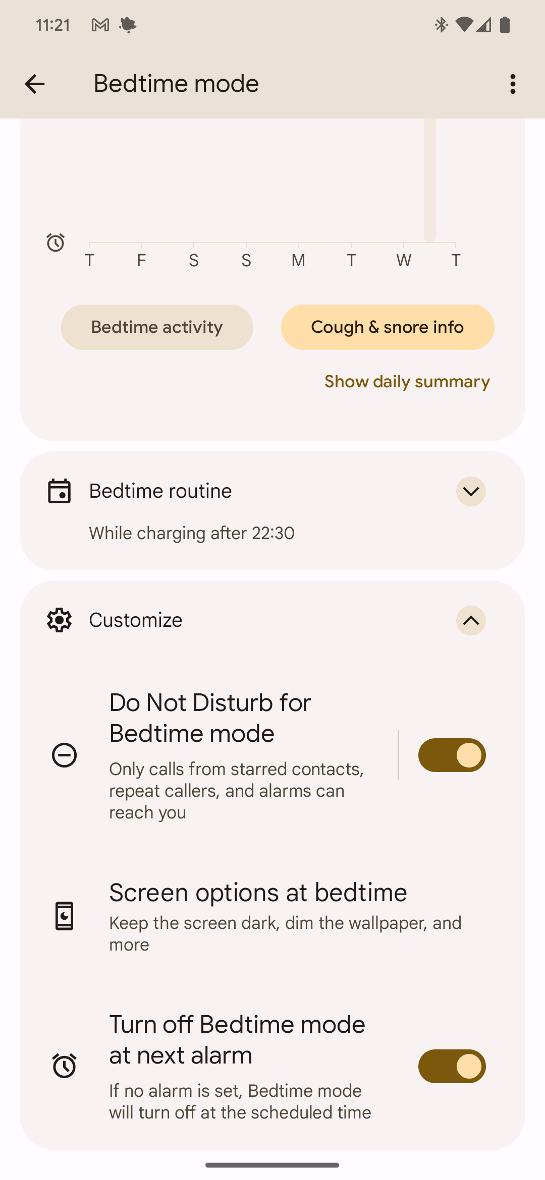 Bedtime Mode settings in the Digital Wellbeing settings on a Google Pixel phone