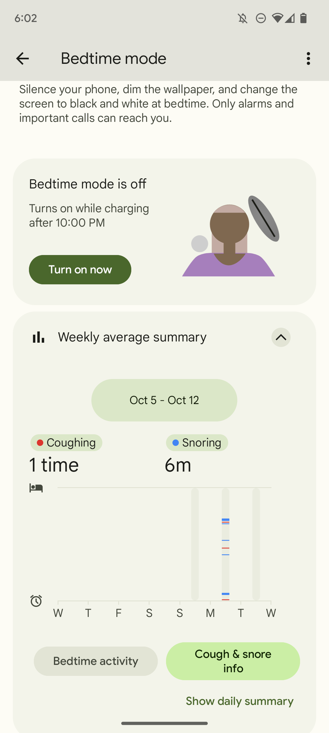 Screenshot of Pixel 7's Bedtime mode, showing weekly average of cough and snore