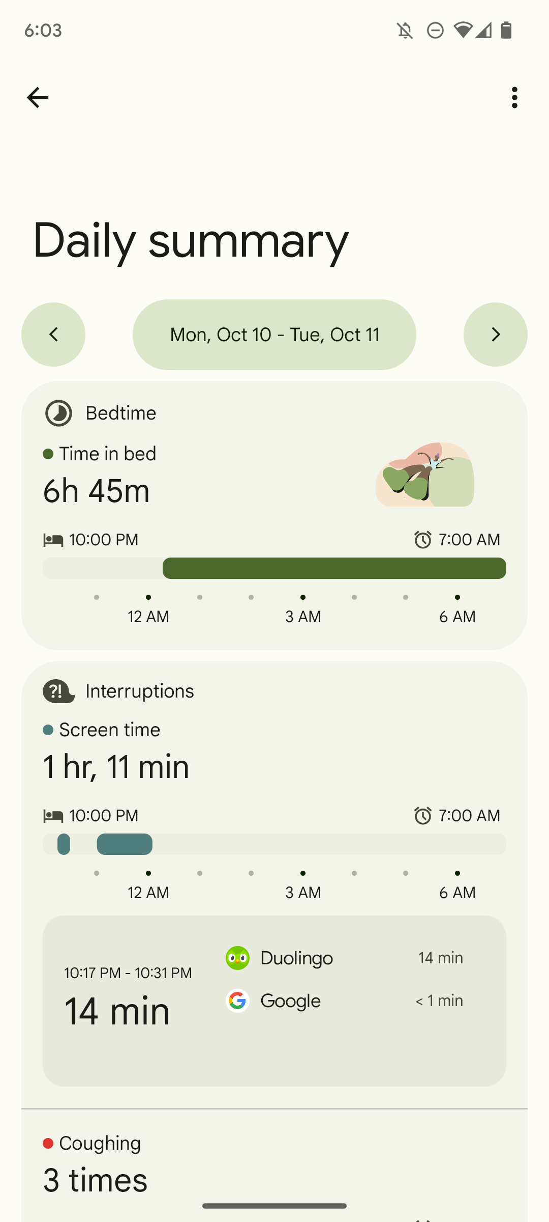 Screenshot of Pixel 7's Bedtime mode, showing daily summary after a night's sleep