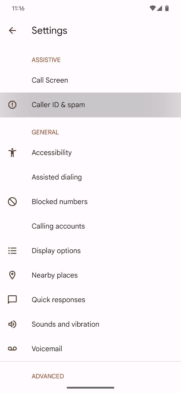 The Android Settings page showing Caller ID & spam.