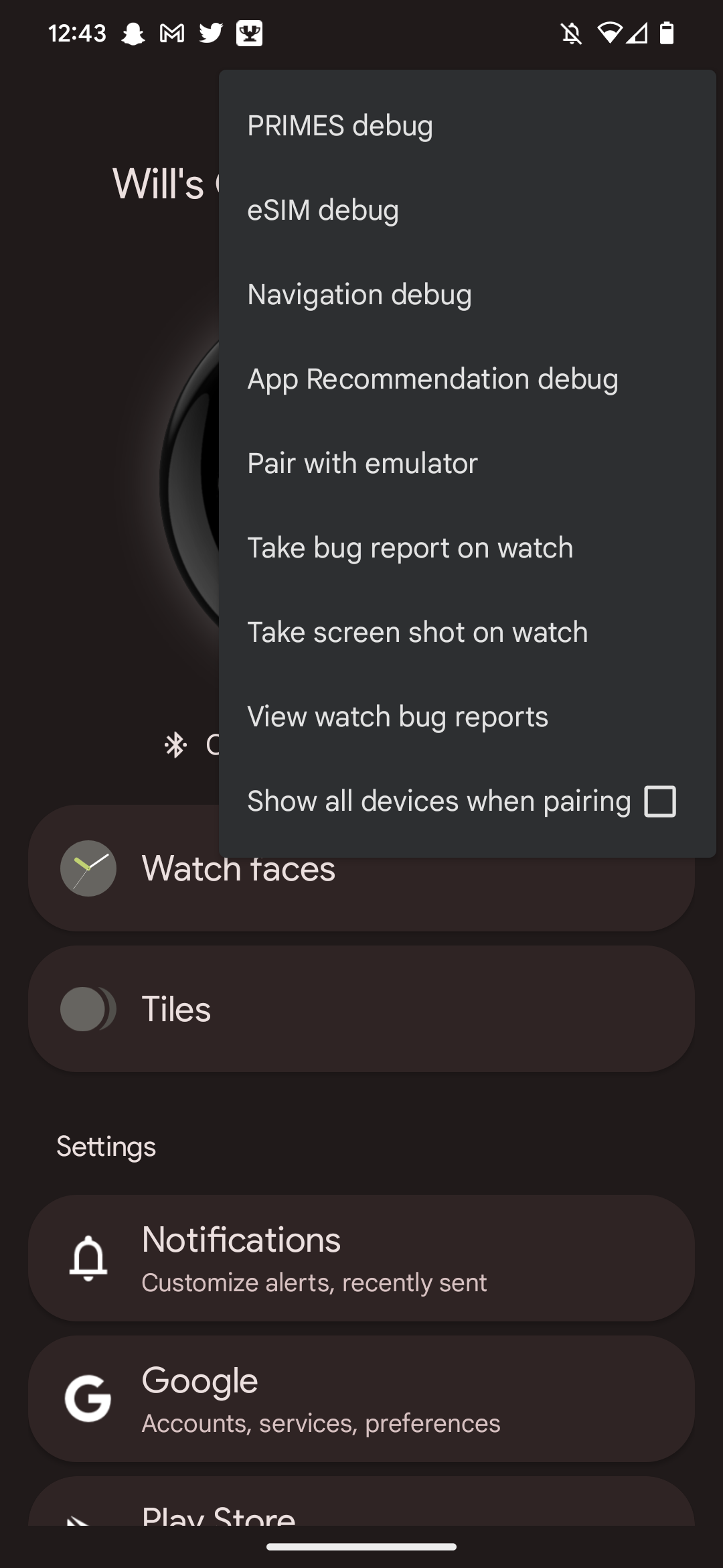 Pixel Watch app open on Phone with the menu open