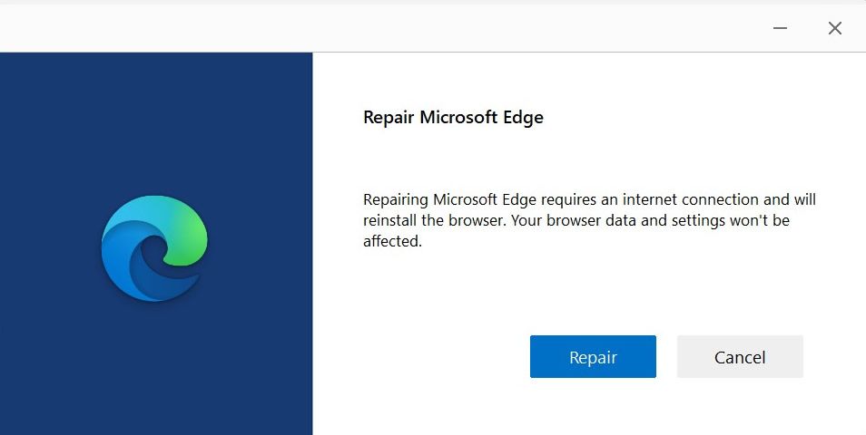 Highlighting the Repair option for Microsoft Edge