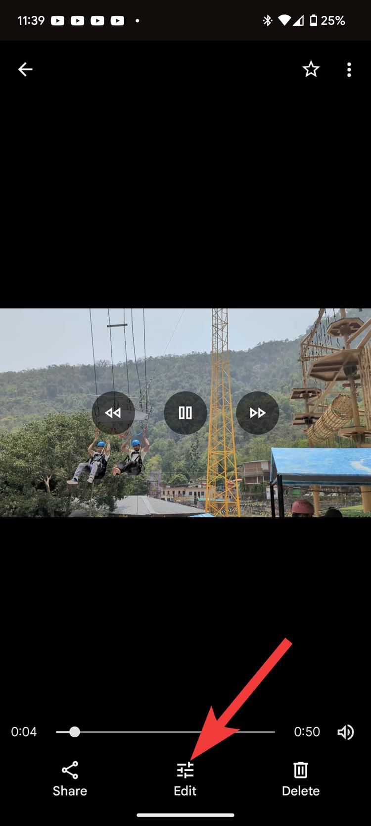 Screenshot of Google Photos with a video loaded and an arrow pointing to the edit option. 