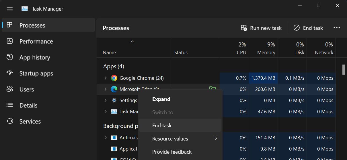 Screenshot highlighting the Edge browser in the Task Manager