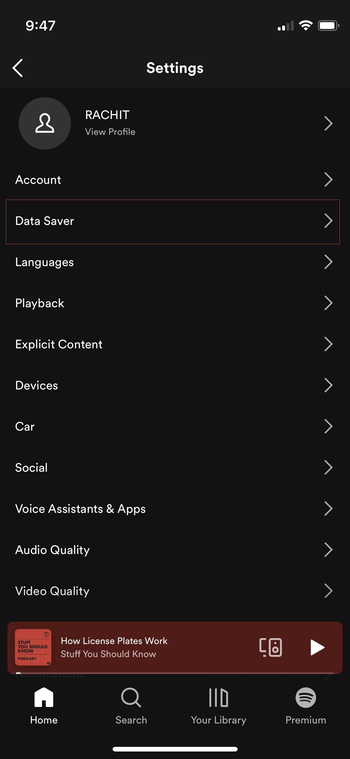spotify settings page for iPhone app