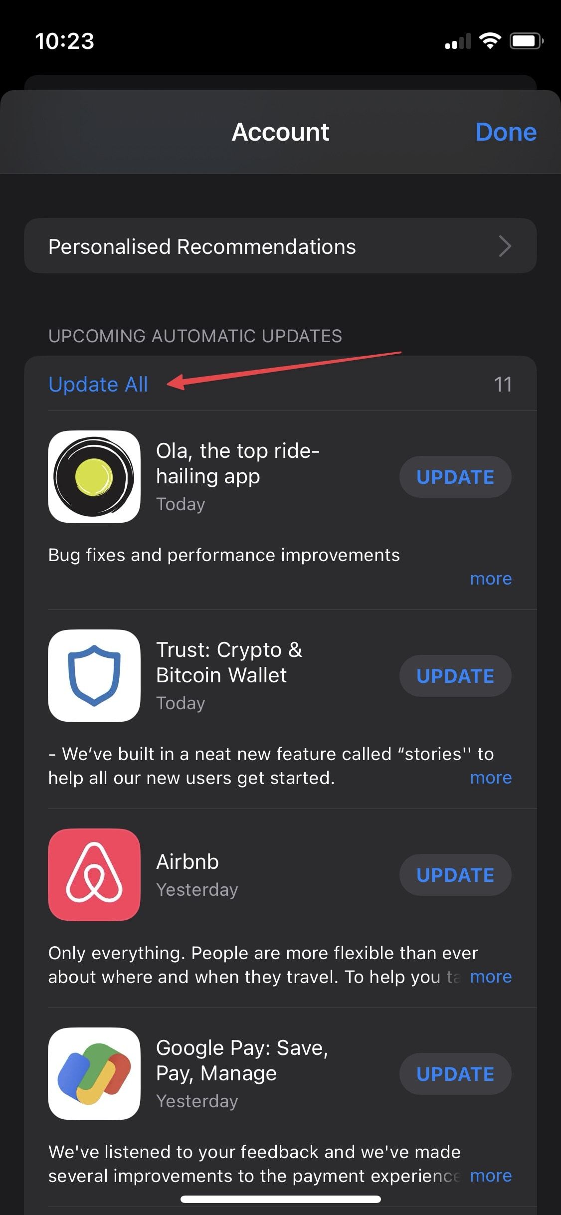 App Store update page