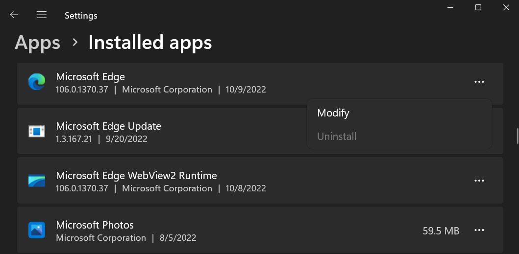 Screenshot highlighting the Modify option for Microsoft Edge