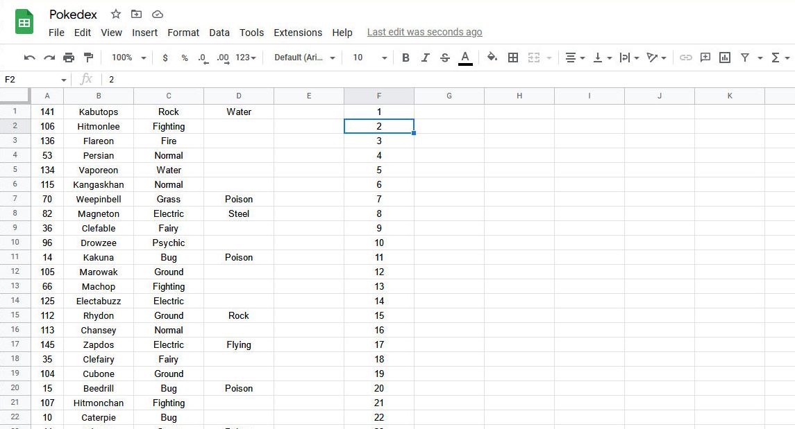 Google Sheets mostrando lista ordenada de números Pokédex