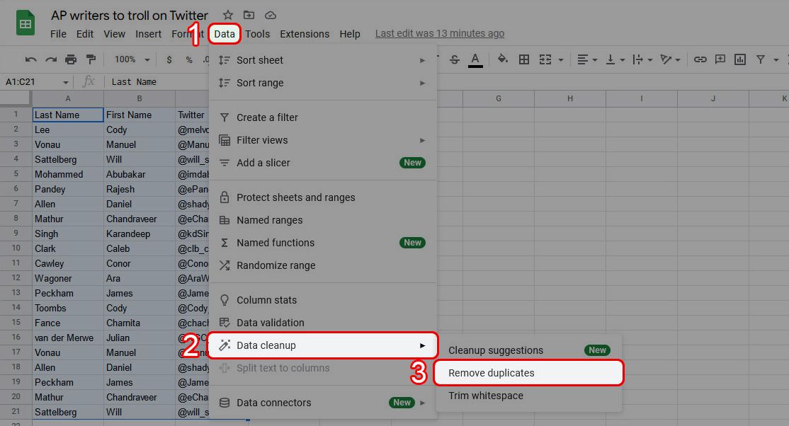 Google Sheets data cleanup menu with Remove duplicates highlighted