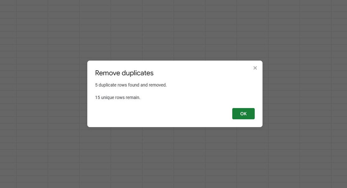 Google Sheets confirmation page for removed duplicates