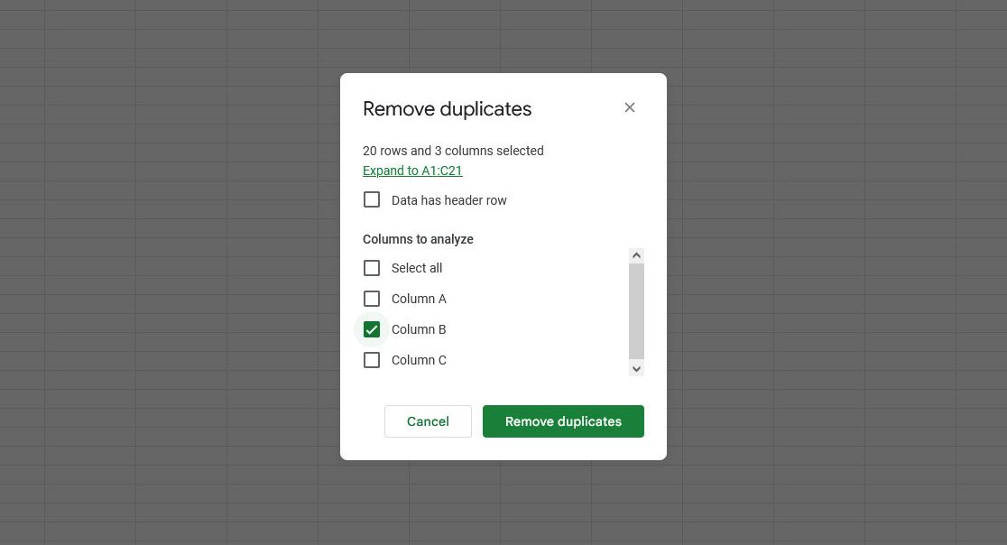 Google Sheets remove duplicates window with only one column selected