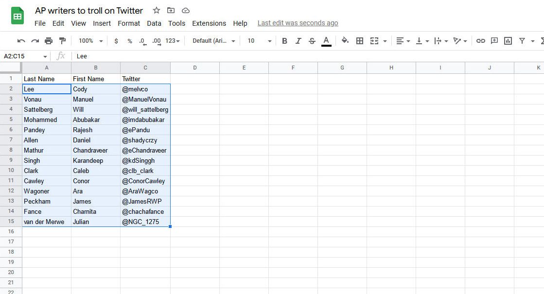 Google Sheets AP/Twitter list with the second Cody removed