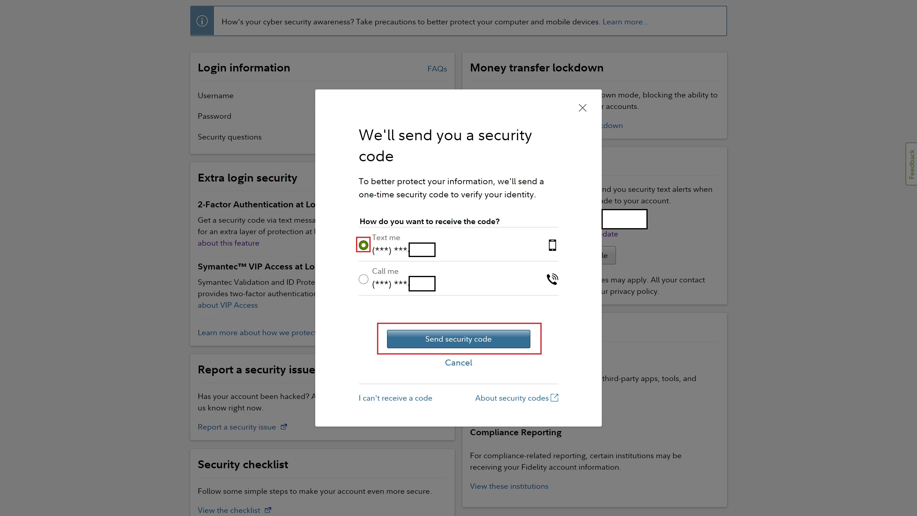 Screenshot shows a pop-up that asks the user to choose if they would rather receive a security code via text or via call. Red boxes surround the option to choose text and the button that says Send security code.