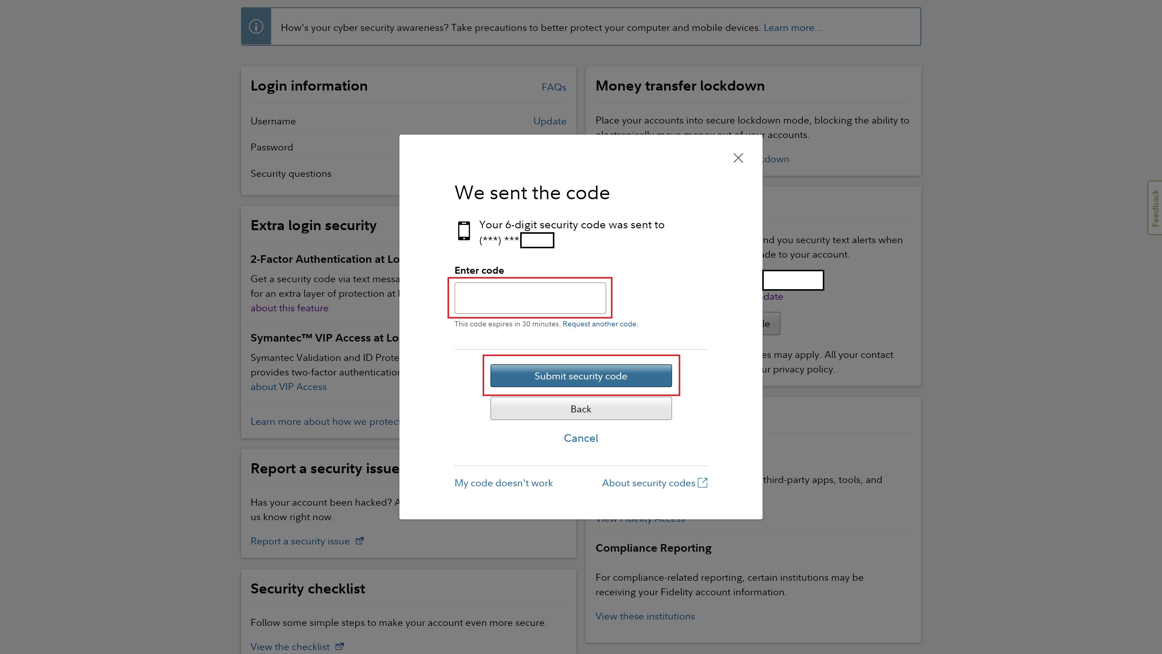 Screenshot shows the pop-up that says 'We sent the code' with a field where the user can enter the security code. Red boxes surround the field where a code can be entered and the button below it that says 'Submit security code'.