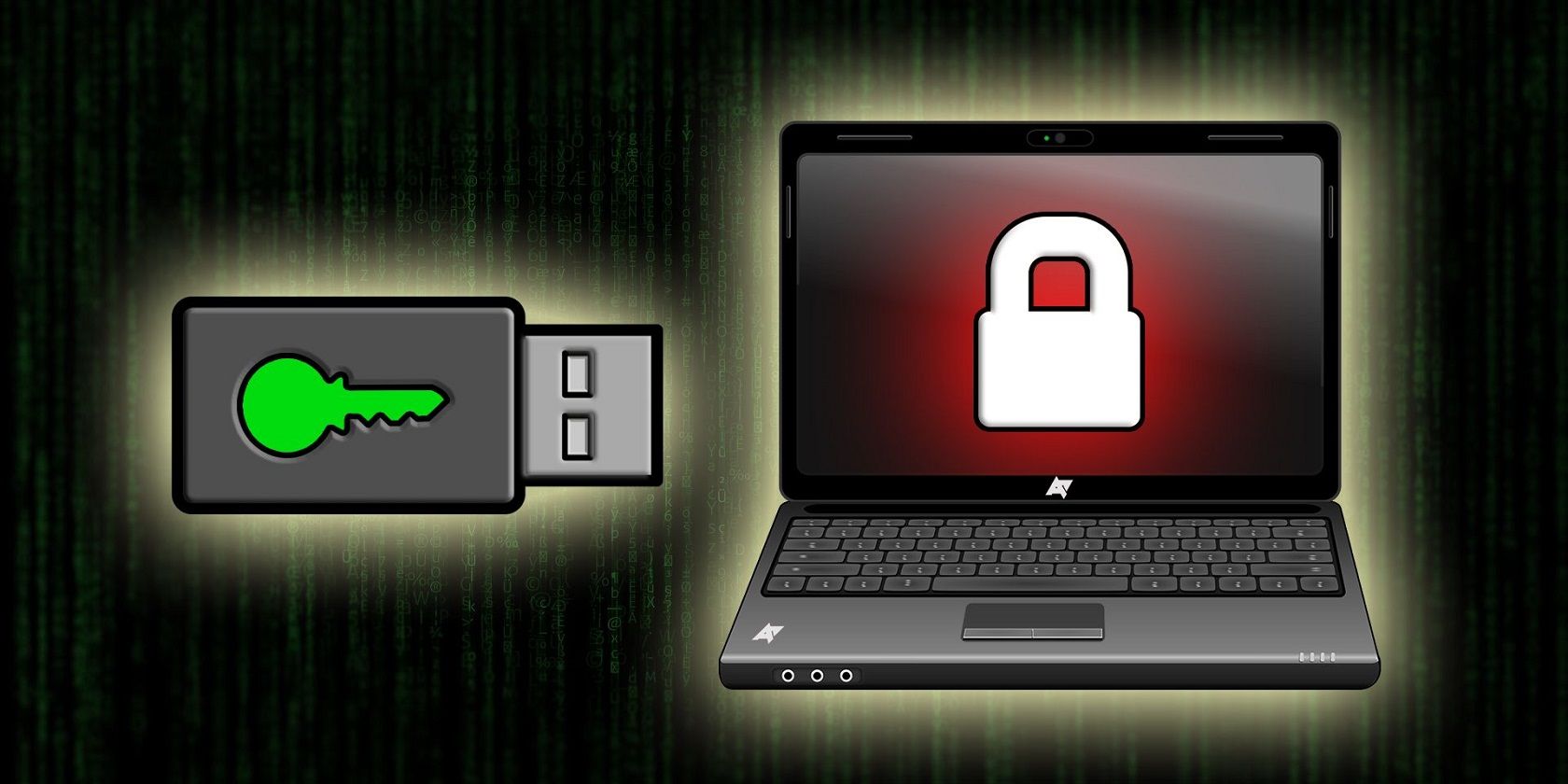 Image shows a usb with a key logo on it pointing toward a computer with a lock logo on it. Matrix designs linger in the background.