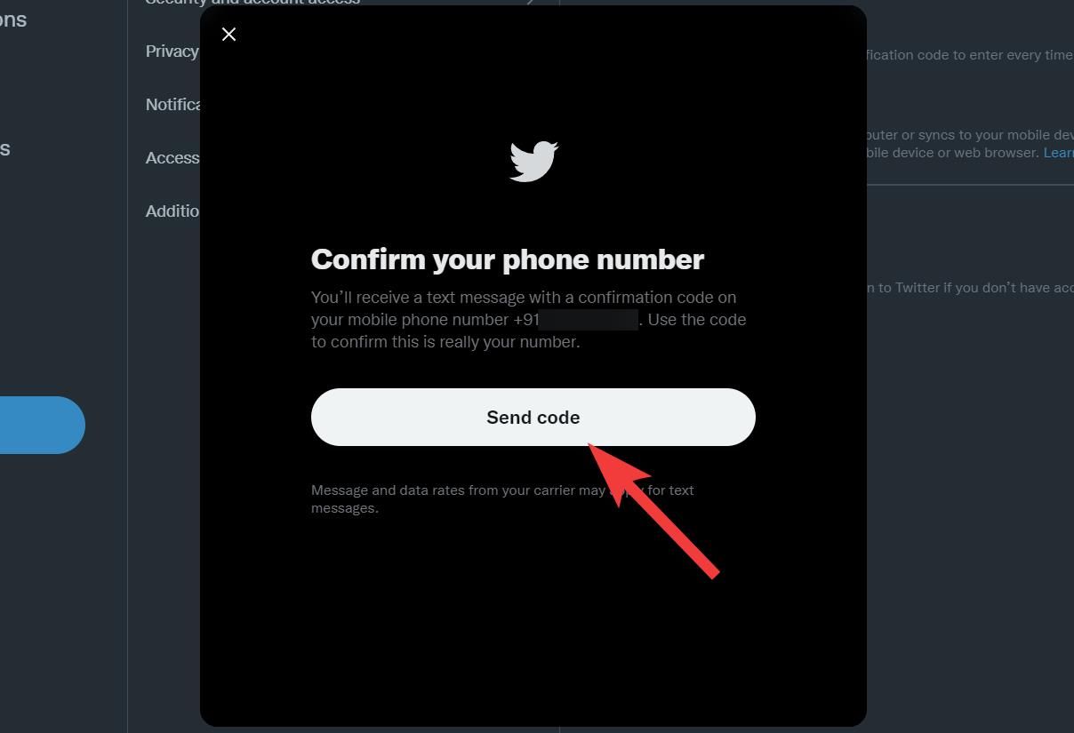 The Confirm your phone number screen highlighting the Send code option