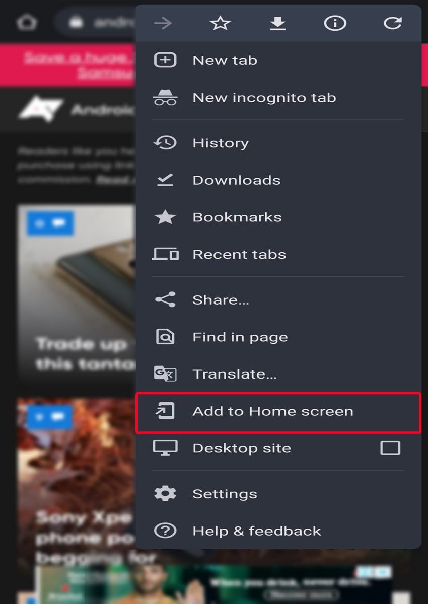 Add to Home screen option in Google Chrome mobile app