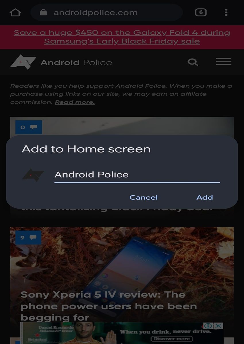 Adding Android Police website to Android Home Screen on Google Chrome