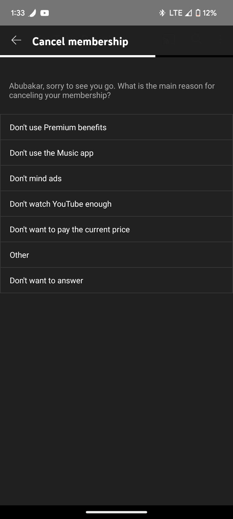Screenshot showing YouTube app premium membership cancellation reasons options