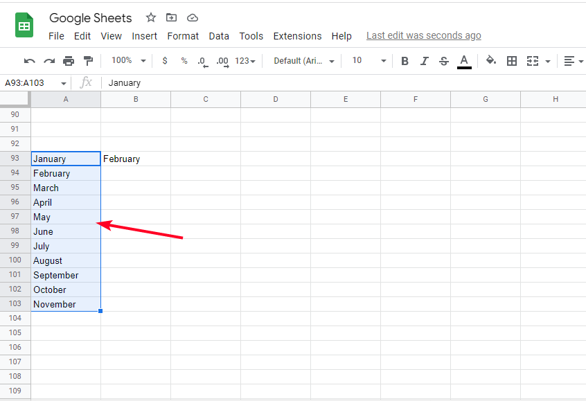 Auto-filling months of the year horizontally and vertically on Google Sheets web app
