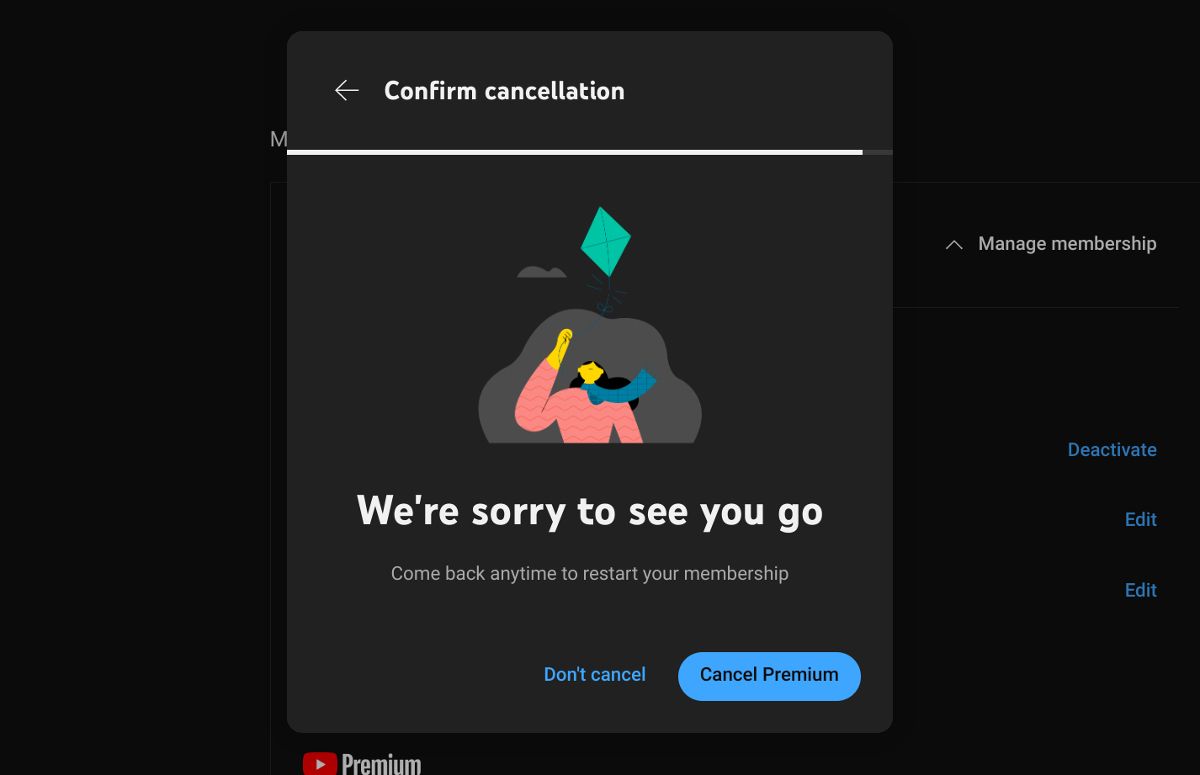 Screenshot showing YouTube Premium cancellation window