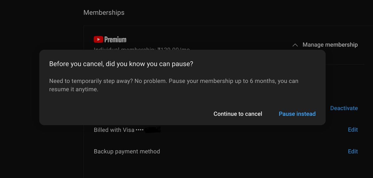 Screenshot YouTube Premium pause membership option on desktop