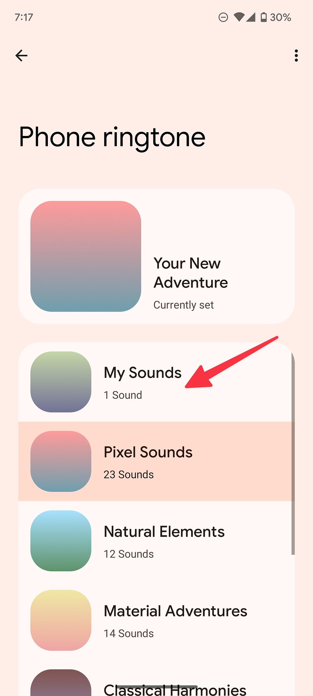 Screenshot shows the Phone ringtone page in android settings. An arrow points to 'My Sounds'.