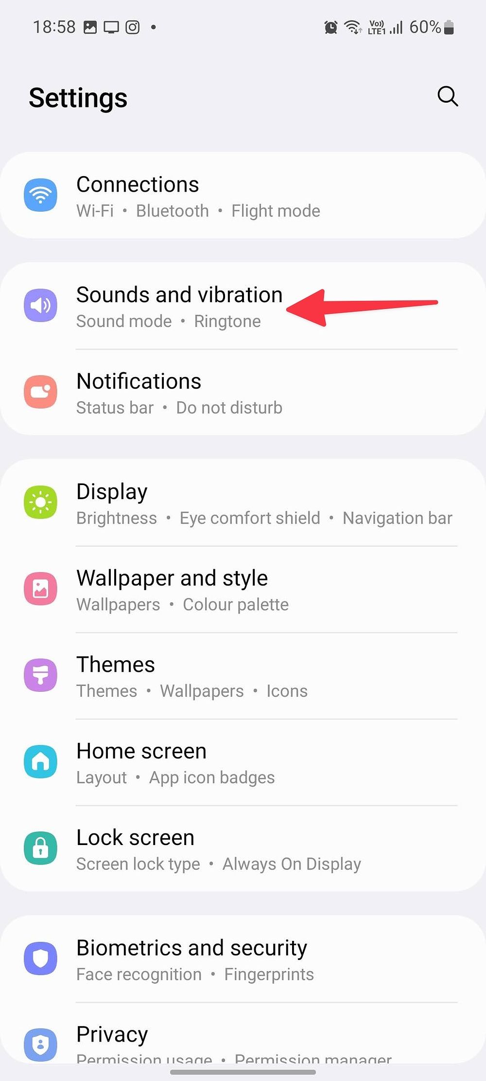 Screenshot showing 'Sounds and vibration' on Samsung phone