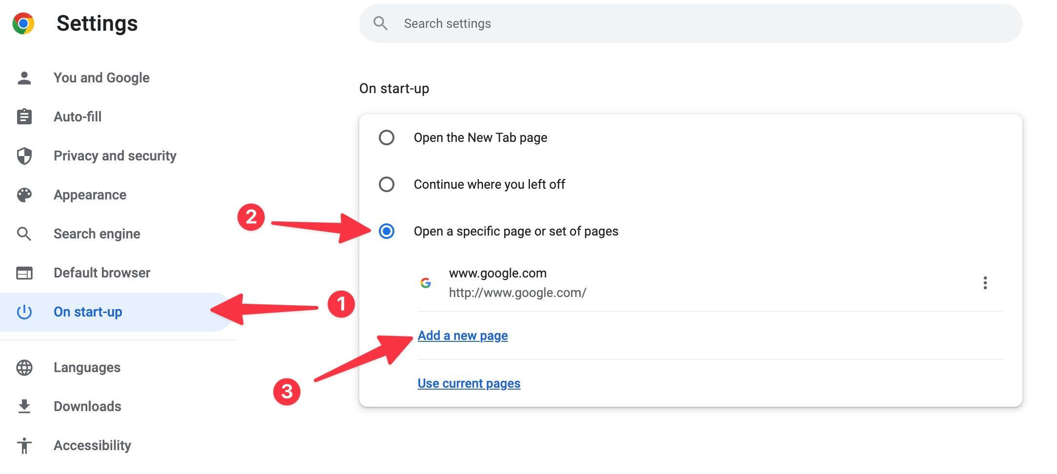 set a page as startup on Chrome