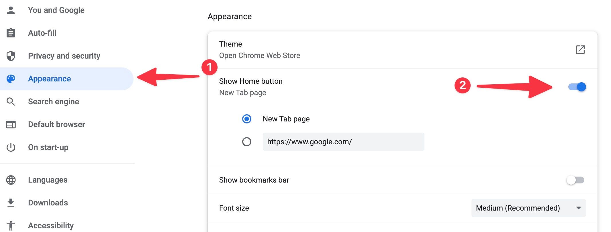 enable show home button in Chrome